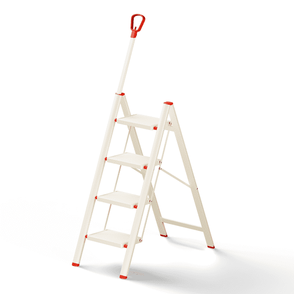 4 Step Ladder with Single-Handrail,Foldable Step Stool with Anti-Slip Wide Pedals for Home Kitchen Closet, Step Ladder 4 Step Folding Beige