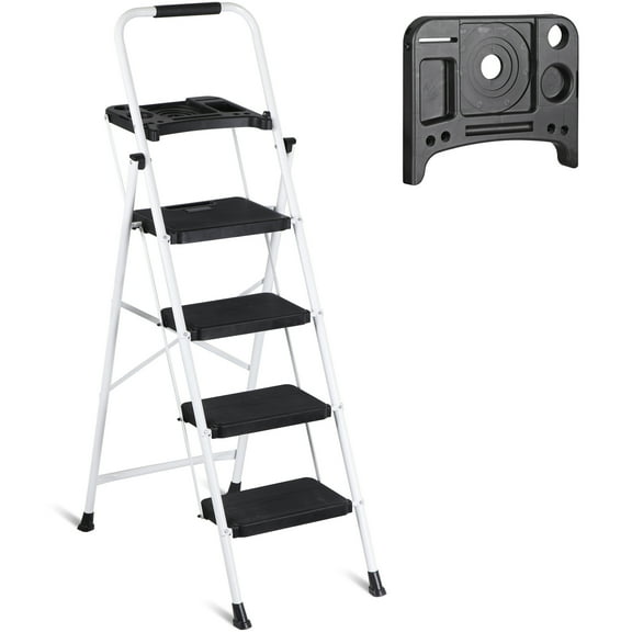 4 Step Ladder with Tool Platform Folding Step Stool with Anti-Slip Pedal White For Daily Life