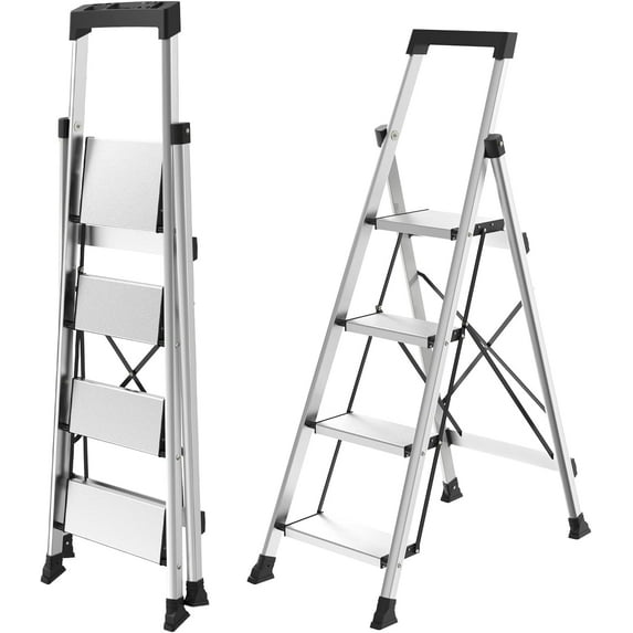 Jocauto 4 Step Ladder with Tool Tray, 330lbs Capacity Aluminum Folding Step Stool, Anti-Slip & Lightweight for Kitchen, Warehouse, Outdoor Work