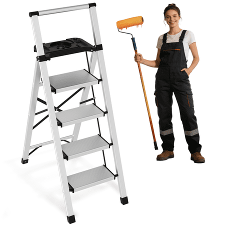 4 Step Ladder with Tool Tray - 600lbs Heavy Duty Lightweight Step Stool with Extended Handrails, Work Platform for Home Maintenance & DIY Projects