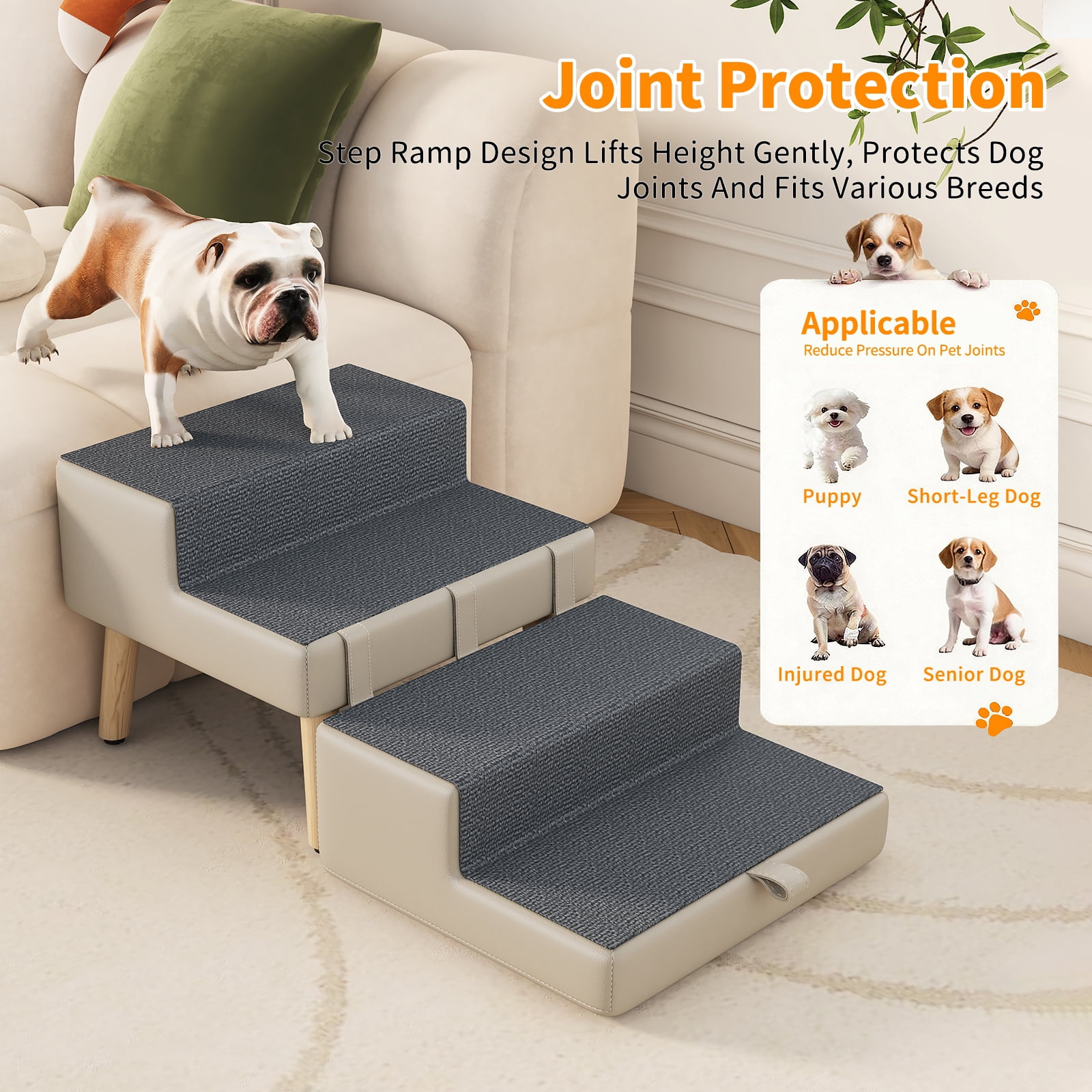 4-Step Ottoman Dog Stairs, 2-in-1 Foldable Pet Ramp for Bed, Dog Ramp for Small Puppy and Cats, Sturdy Wood Frame Support with Non-slip walking surface, Holds Up To 220lbs ( Light Grey Color )