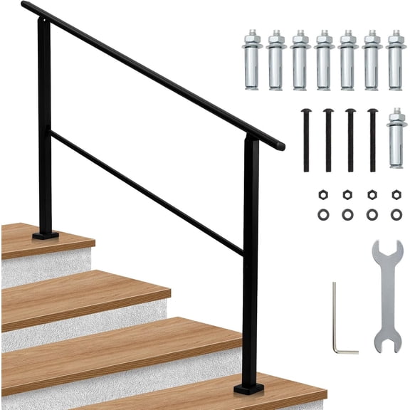 4-Step Outdoor Stair Handrail Kit, Adjustable Iron Handrail for Concrete & Porch Steps, Heavy Duty Metal Railing for Outdoor Safety, Easy DIY Installation Black