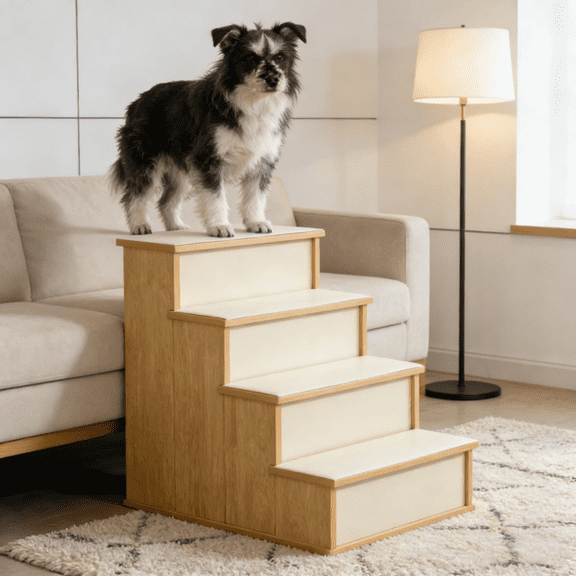 4-Step Pet Stairs for Dogs and Cats - 21" Tall Wooden Pet Steps with Soft Plush Cushions - Natural
