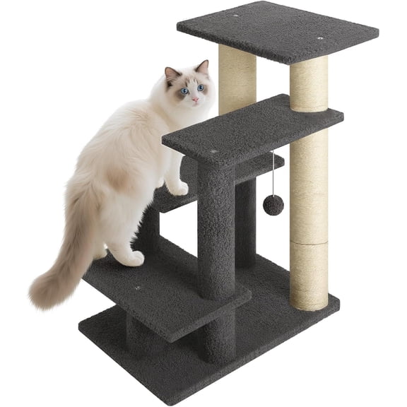 4-Step Pet Steps for Cats/Dogs, Cat Stairs with Sisal Scratching Post, Cat Steps for Older Cats with Enlarge Perch, Pet Stairs for High Bed and Couch, Gray