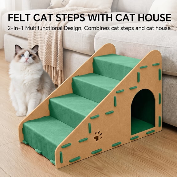 4‑Step Pet Steps for Small Cats, Stable Non‑Slip Pet Ramp Stairs, Portable Cat Steps for Couch, Bed, Car, Ideal for Puppies, Senior & Injured Small Pets, Green 60*30*38cm