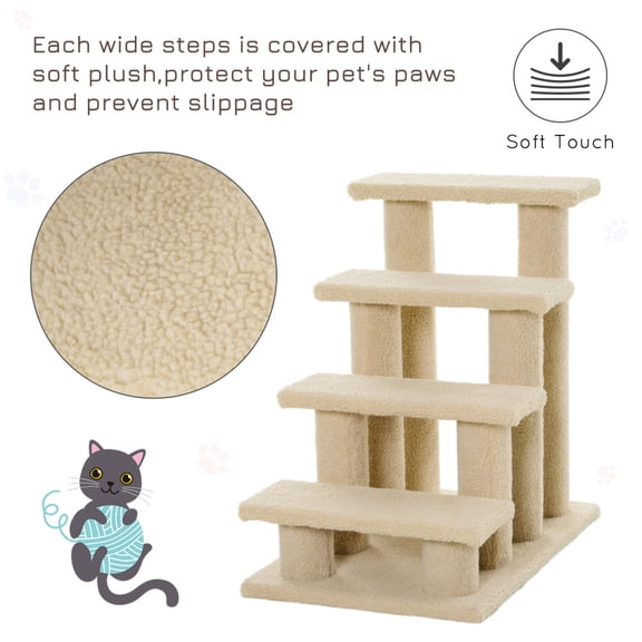4-Step Plush Carpeted Pet Stairs with Built-in Scratching Posts, 24 Inch Height Cat Ramp Steps for Senior & Small Cats, Beige