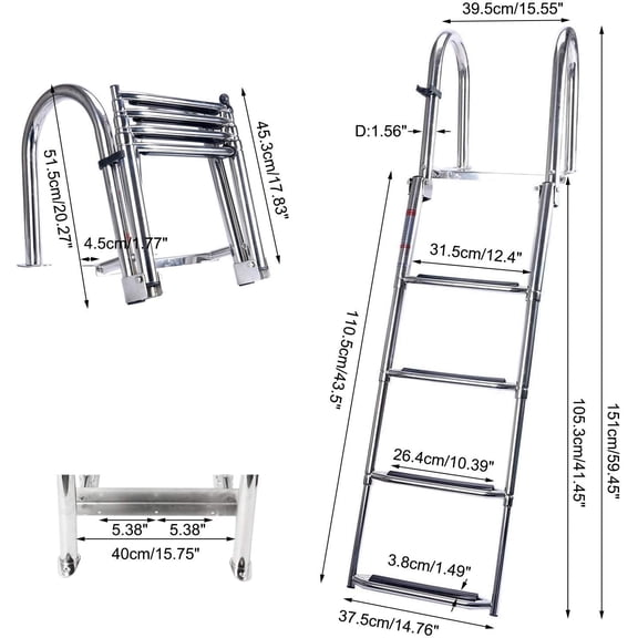 4 Step Pontoon Boat Ladder Foldable Stainless Steel Marine Rear Entry Telescoping Ladders with Wide Steps Swim Deck Laddes with Pedal Hand Railing,Retaining Strap
