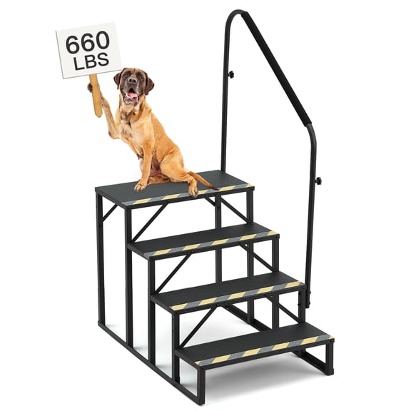 4-Step RV Steps with Handrail, 660 LBS Metal RV Stairs with Armrest Cover, Anti-Slip Hot Tub Steps, Mobile Home Steps for Travel Trailers, Camper, Pool and Porch with Non-Skid Tapes