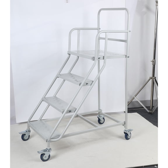 4-Step Rolling Ladder with Wheels & Stair Edge Protector, 880lbs Capacity Steel Safety Ladder for Warehouse Library Garage, Mobile Step Stool