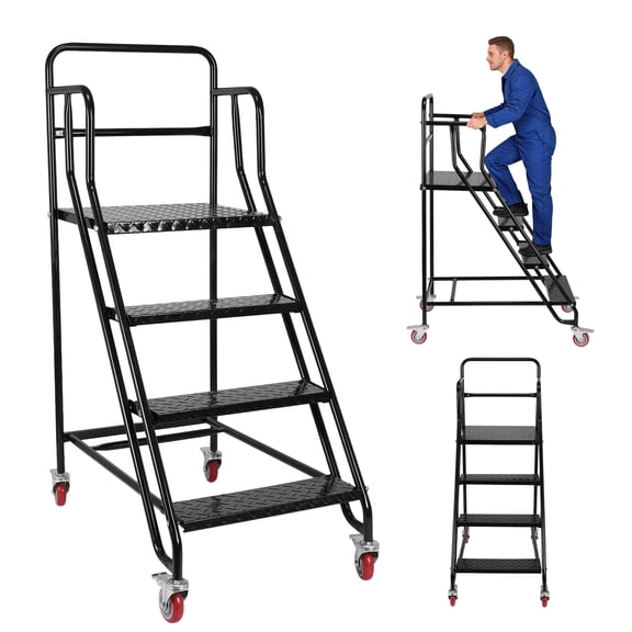 4 Step Rolling Stairs with Wheels, Industrial & Warehouse 4-Step Stairs, Non-Slip Rolling Steps with Stair Edge Protector, Easy to Move Rolling Steps for Goods Shelves, 24.8"x65.3", 880LBs Capacity