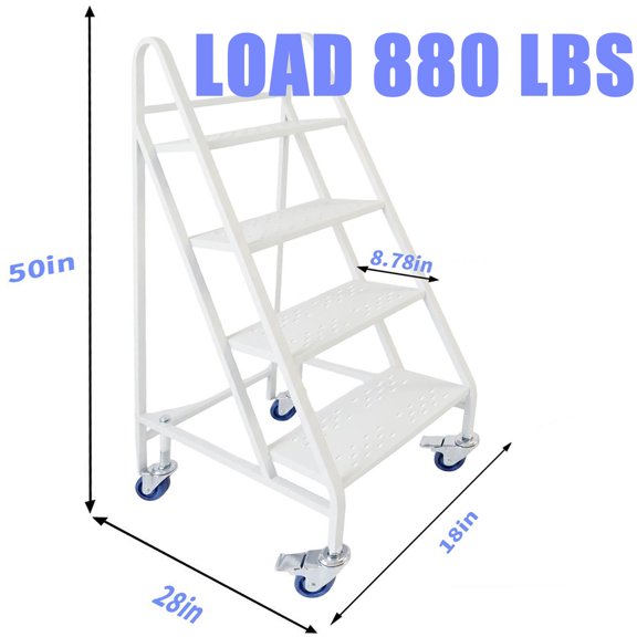 4 Step Rolling Stairs with Wheels, Industrial Warehouse 4-Step Stairs, Non-Slip Rolling Steps with Stair Edge Protector, Easy to Move Rolling Steps for Goods Shelves, 28"*18"*50", Load 880LBS