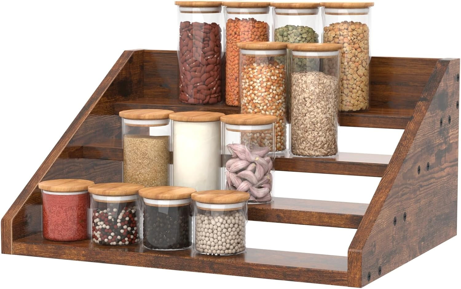 4 Step Spice Rack Organizer for Cabinet, Robust Wooden Display Riser ...