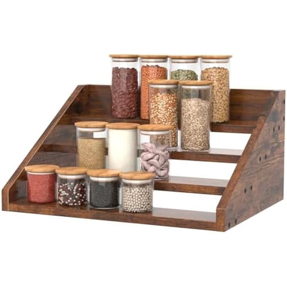 4 Step Spice Rack Organizer for Cabinet, Robust Wooden Display Riser Shelf Seasoning Organizer for Countertop Cupboard Pantry, Condiment Jar Kitchen Storage Holder Super Sturdy Stand, Rusitc Brown