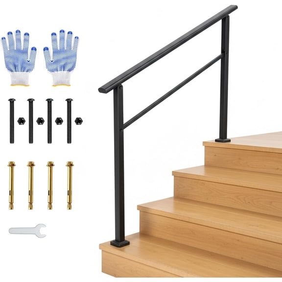 4 Step Stair Handrail Kit Aluminum and Iron Construction for Porch Steps, Easy Tool-Free Assembly, ADA Compliant Safety Rail with Non-Slip Grip, All Mounting Hardware and Protective Gloves (1-Pack)