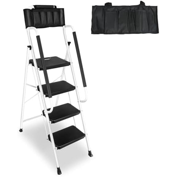 4 Step  with Handrails & Attachable Tool Bag, 330 lbs Folding Step Stool , Wide Non-Slip Pedal for Kitchen Pantry Home Office, White$$Tools