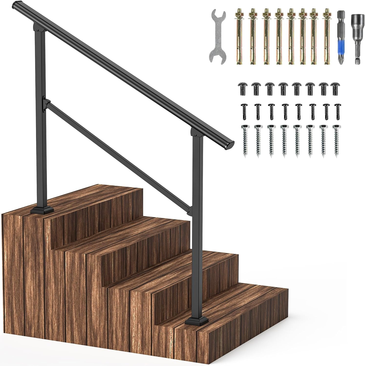 4 Steps Handrails for Outdoor Steps,Heavy Duty Metal Handrail,Black ...