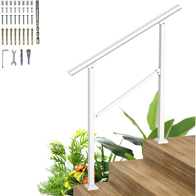 4 Steps Handrails for Outdoor Steps,Heavy Duty Metal Handrail,White