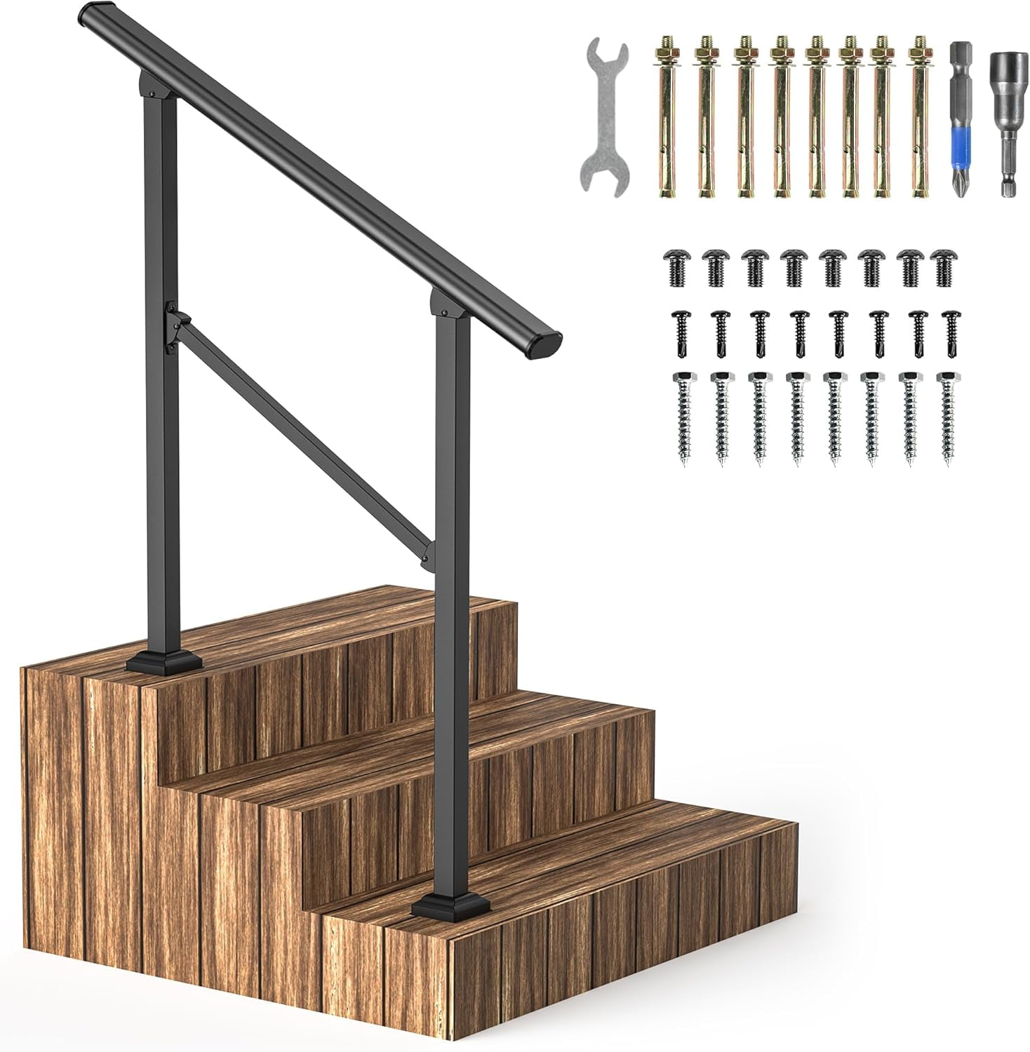 4 Steps Handrails for Outdoor Steps,Heavy Duty Metal Handrail,White