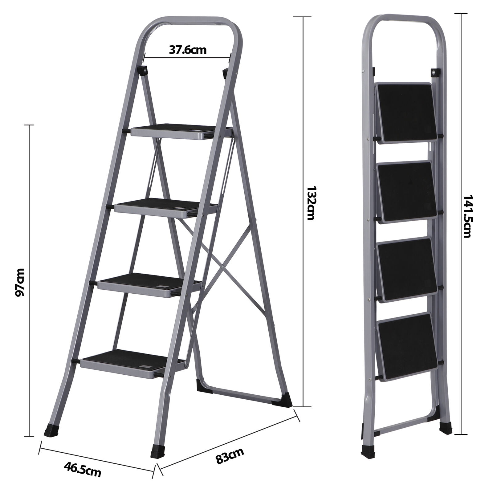 4 Steps Ladder Safety Non Slip Mat Tread Foldable Kitchen Steel Step