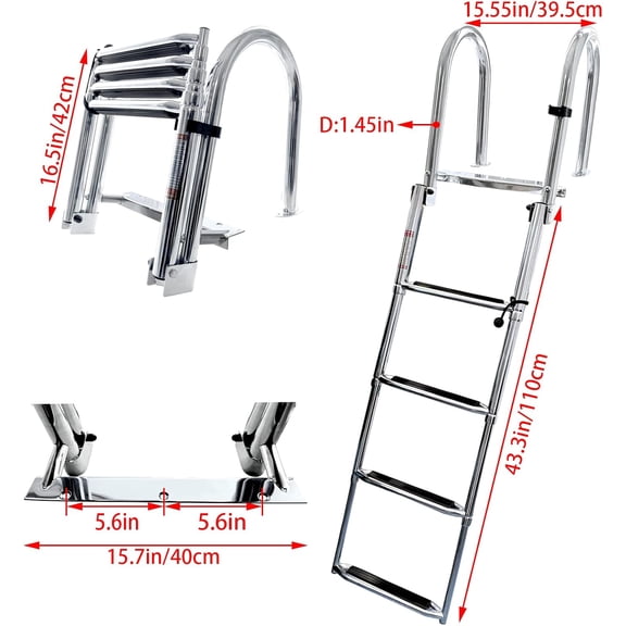 4 Steps Pontoon Boat Ladder - Folding Telescoping Rear Entry Inboard Stainless Steel Swim Deck Ladder with Pedal Hand Railing for Dock