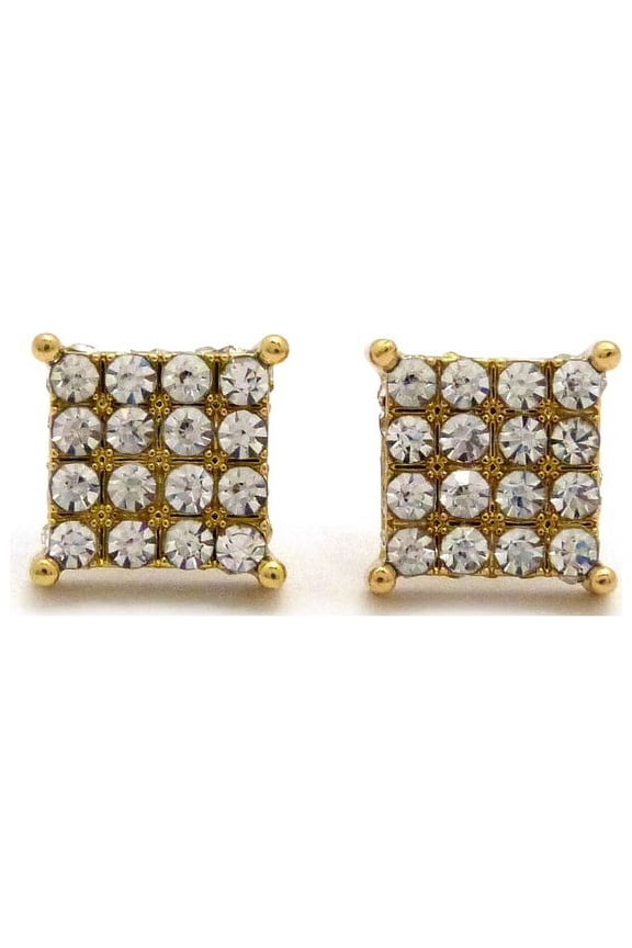 4 Stone Row Concave Square Shape Stud Pierced Earrings, Gold-Tone w/ Lucite Box Display