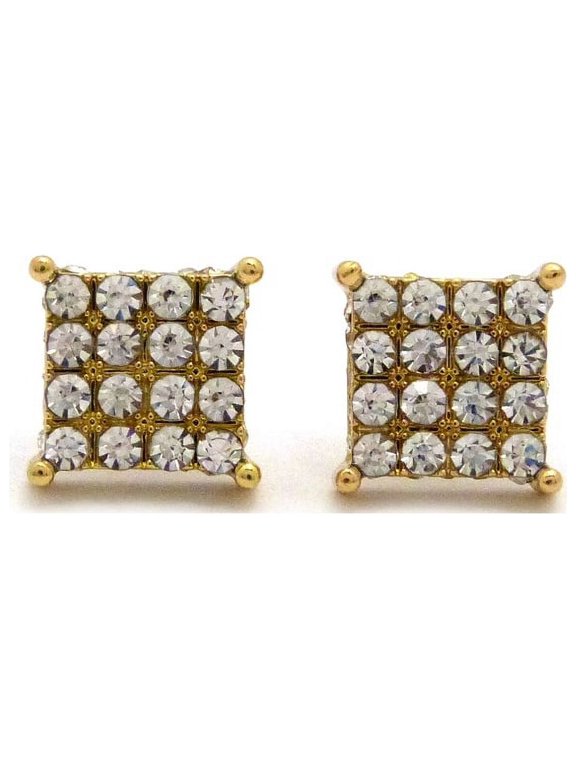 4 Stone Row Concave Square Shape Stud Pierced Earrings, Gold-Tone w/ Lucite Box Display