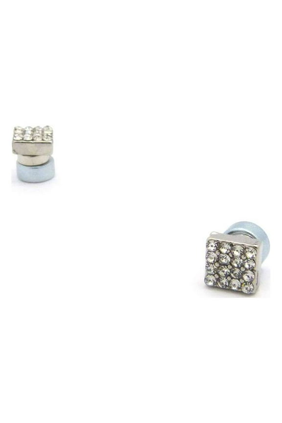 4 Stone Row Pave Square Magnetic Stud Earrings in Silver-Tone