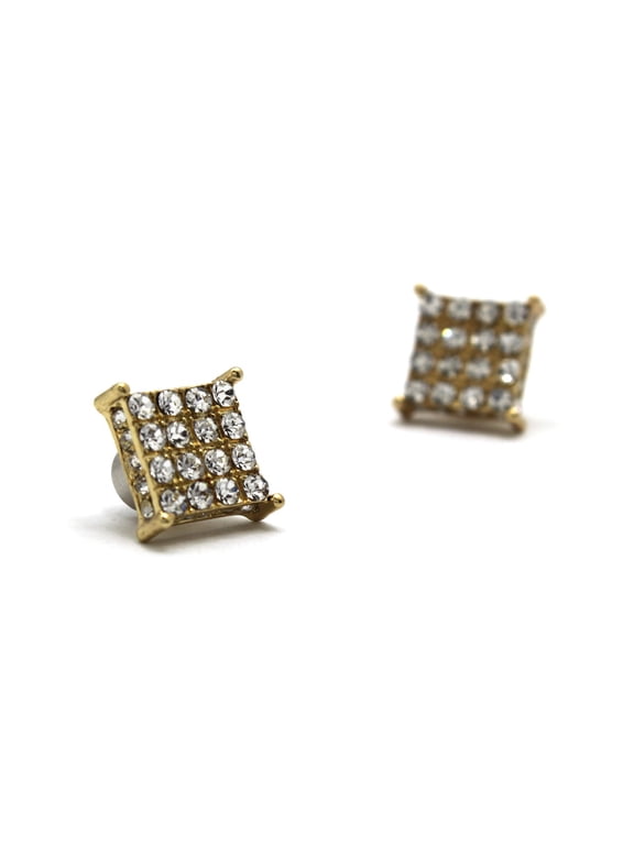 4 Stone Row Square Shape Magnetic Stud Earrings, Gold-Tone