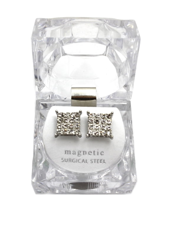 4 Stone Row Square Shape Magnetic Stud Earrings w/ Lucite Box Display, Silver-Tone