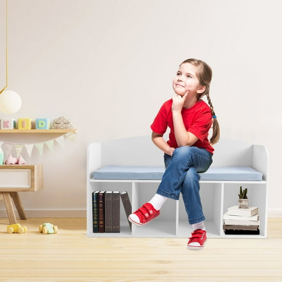 4 Storage Compartments White Kids Bookshelf with Reading Nook, Bookshelf with Soft Cushion, Storage Bench with Book Rack