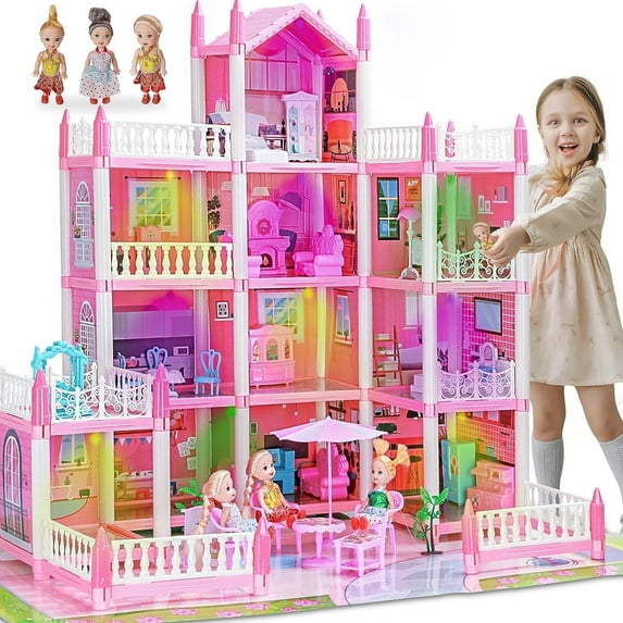 4 Stories Dollhouse for Girls, DIY Doll House Accessories with Furniture, Mat and 11 Rooms, Pretend Play Dreamhouse with Lights for Kids, Portable Building Dolls Playset Toys Kit Gift for Ages 3+
