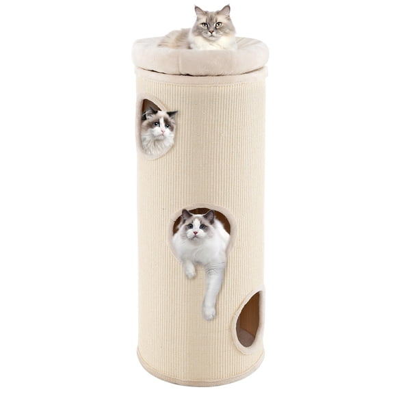 4 Story Cat Tree Condo, 49 Inch Barrel Shaped Cat House With Detachable Sisal Scching Board, 3 Hideaways And Removable Soft Top Plush Bed, Interior Bamboo Mat, Modern Cat Tower For Indoor Cats, Beige