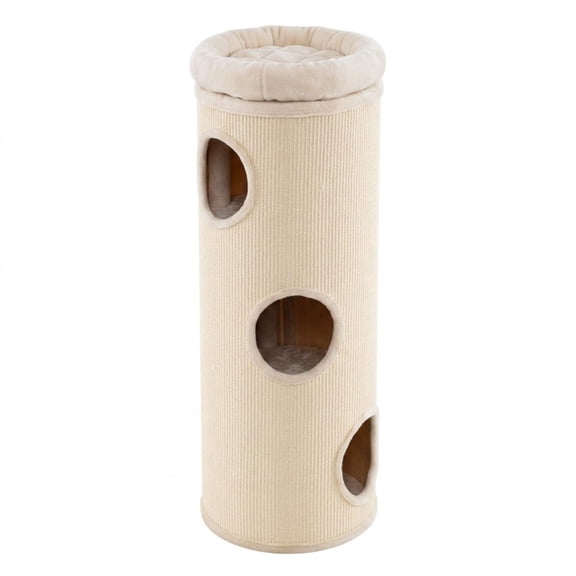 4-Story Cat Tree for Indoor Cats, Multi-Level Barrel-Shaped Cat House with Sisal Scratching Pad, 3 Hideaways, Removable Soft Top Plush Bed, Good for Multi-Cat Families in Small Indoor Spaces, Beige