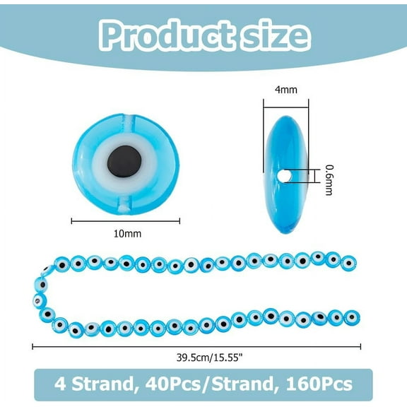4 Strands Handmade Evil Eye Lampwork Beads 10mm Flat Round Evil Eye Beads 160Pcs Blue Turkish Loose Spacer Beads for Bracelet Earring Necklace DIY Jewelry Making