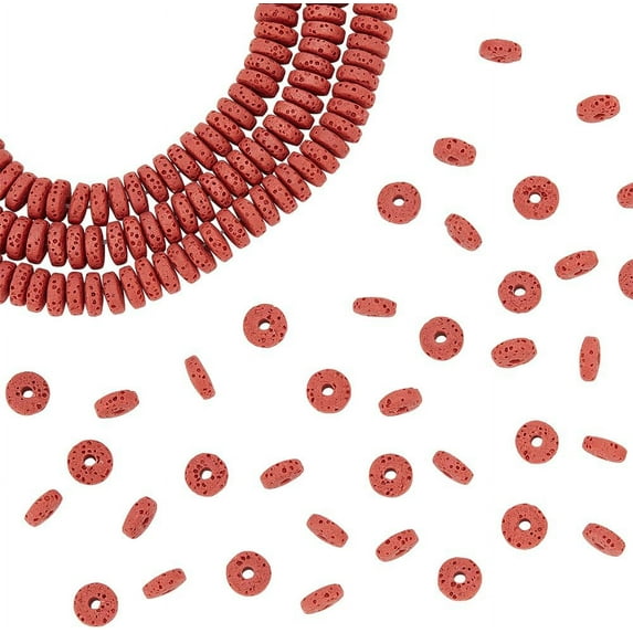 4 Strands Natural Lava Rock Beads Strands Dyed Flat Round/Disc Heishi Beads Indian Red 8~8.5x3~4mm Hole: 2mm 62 pcs/Strand 7.87 inch(20cm)
