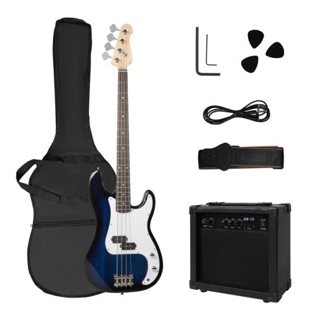 Electric Bass Guitar Kit for Beginners - Full Size PB Style Bass w/15W Amp, Strap, Picks & Accessories (Black/Blue)