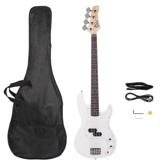 4 String Electric Bass Guitar, Split Single-Coil Pickup, Right Handed Design, with Gig Bag, Strap, Spanner Tool for Youths & Adults (White)