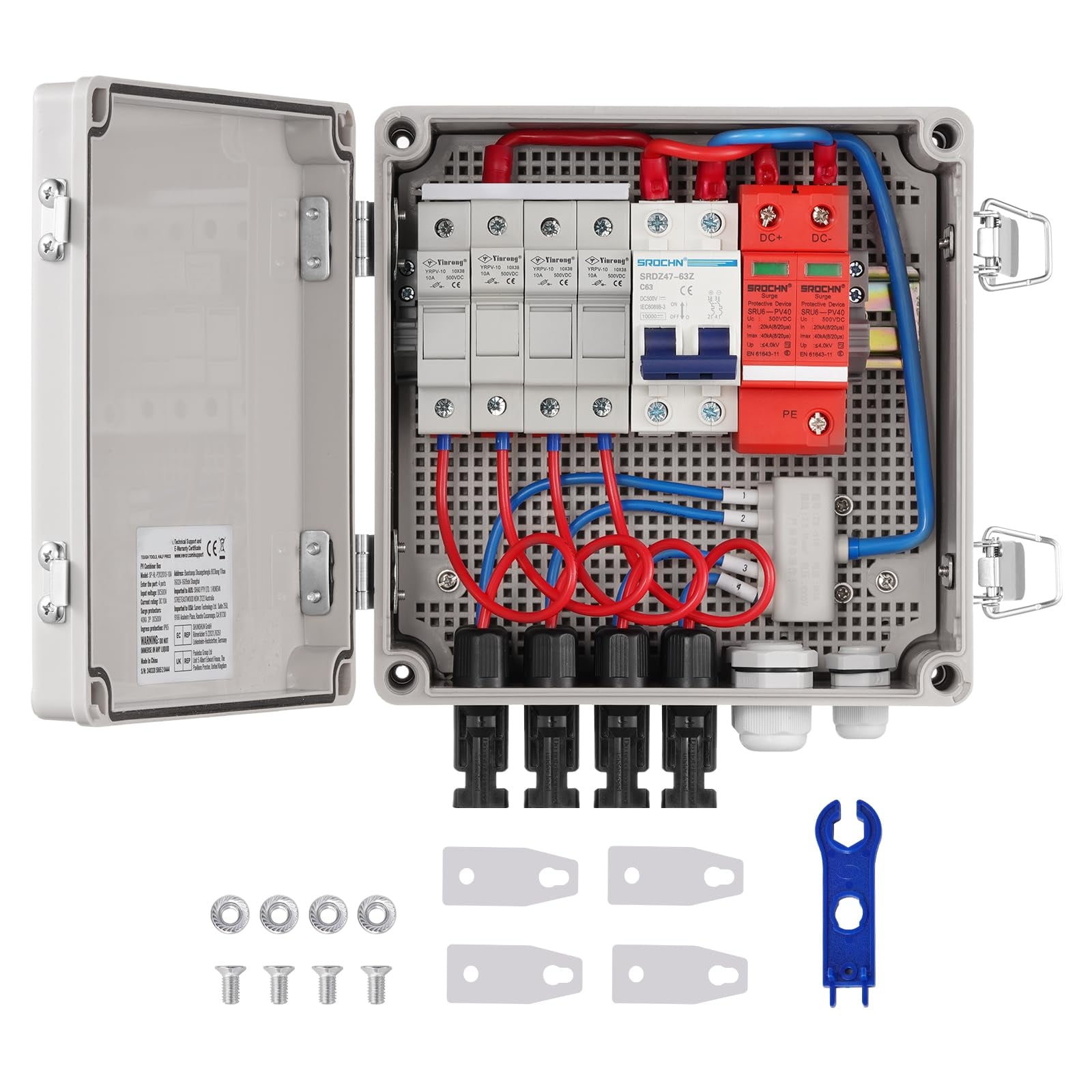 4 String PV Combiner Box, Solar Combiner Box with 10A Rated Current Fuse & 63A Circuit Breaker for On/Off Grid Solar Panel System, IP65
