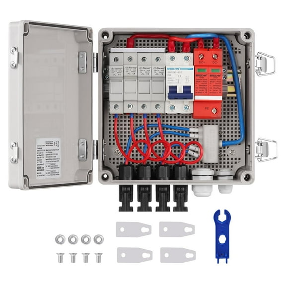 4 String PV Combiner Box, Solar Combiner Box with 10A Rated Current Fuse & 63A Circuit Breaker for On/Off Grid Solar Panel System, IP65