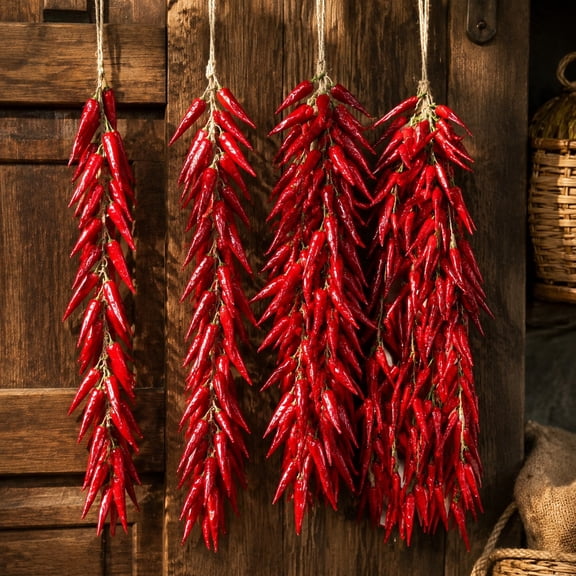 4 Strings Artificial Red Chili Pepper Decor, 23.62 Inch Fake Chili Ristra with 30 Peppers Each for Kitchen Mexican Southwest Farmhouse Wall Hanging Decor