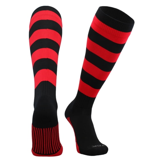 4 Stripe Hoop Soccer Rugby Socks (Black/Scarlet, Large)