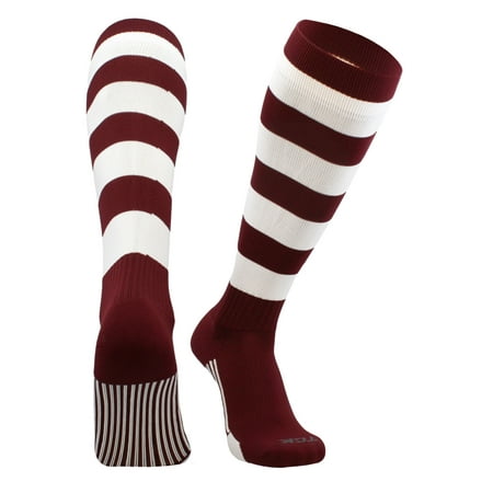 4 Stripe Hoop Soccer Rugby Socks (Maroon/White, Large)