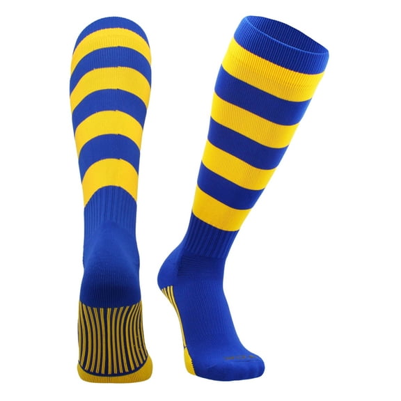 4 Stripe Hoop Soccer Rugby Socks (Royal/Gold, Large)