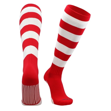 4 Stripe Hoop Soccer Rugby Socks (Scarlet/White, Medium)