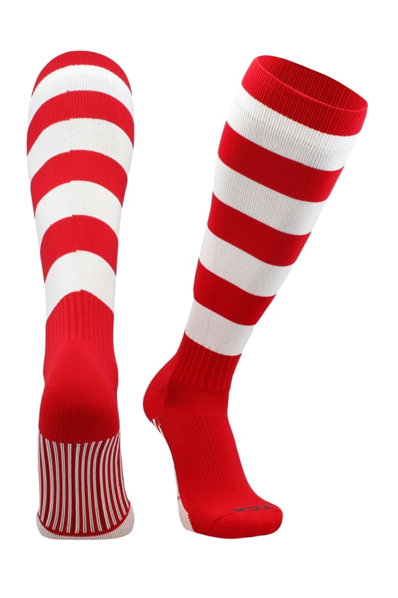 4 Stripe Hoop Soccer Rugby Socks (Scarlet/White, Medium)