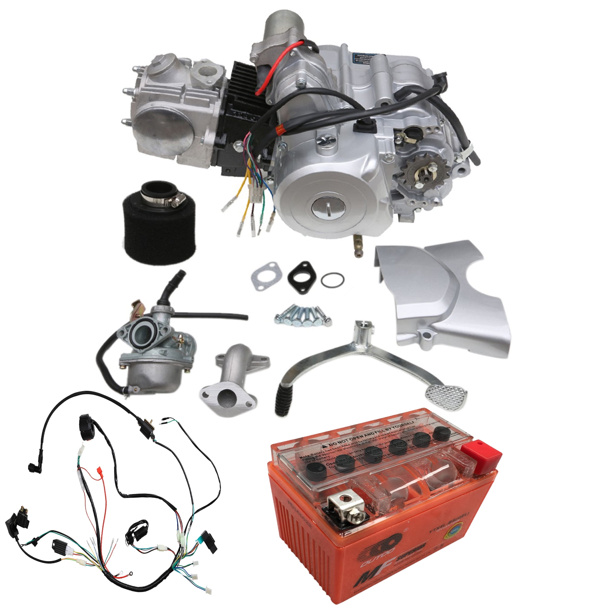 4 Stroke 125cc Semi Auto Engine Motor 3 Speed + Reverse W/Wiring Harness and 12V Battery for ATV Quad Buggy Go Kart Four Wheelers Tricycle Taotao Coolster Upgrade 50cc 70cc 90cc 110cc