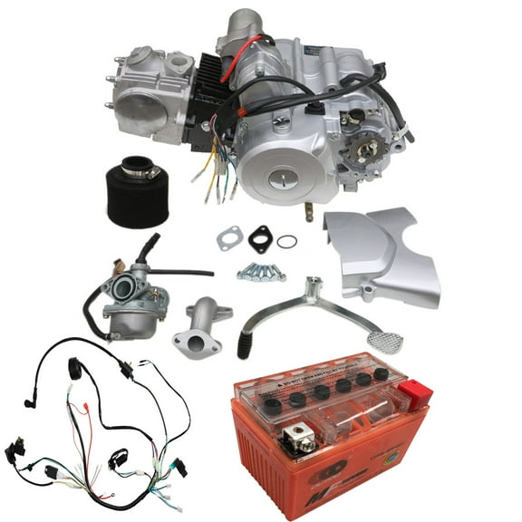 4 Stroke 125cc Semi Auto Engine Motor 3 Speed + Reverse W/Wiring Harness and 12V Battery for ATV Quad Buggy Go Kart Four Wheelers Tricycle Taotao Coolster Upgrade 50cc 70cc 90cc 110cc