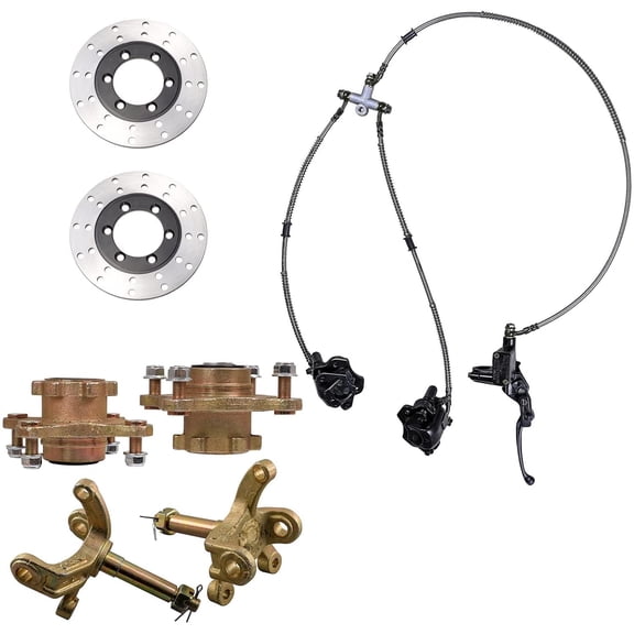 4 Stud Front Wheel Rim Hub & Steering Spindle Knuckle & Brake Disc Rotor & Hydraulic Brake Caliper Master Cylinder for DIY ATV Quad Buggy Go Kart Golf Cart 110cc 125cc 150cc 200cc