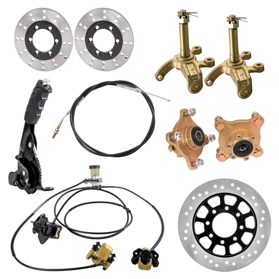 4 Stud Wheel Rim Hub Steering Spindle Hydraulic Brake Assembly Caliper with Master Cylinder & Brake Discs & Handbrake levers For ATV Quad Go Kart Golf Cart Buggy DIY