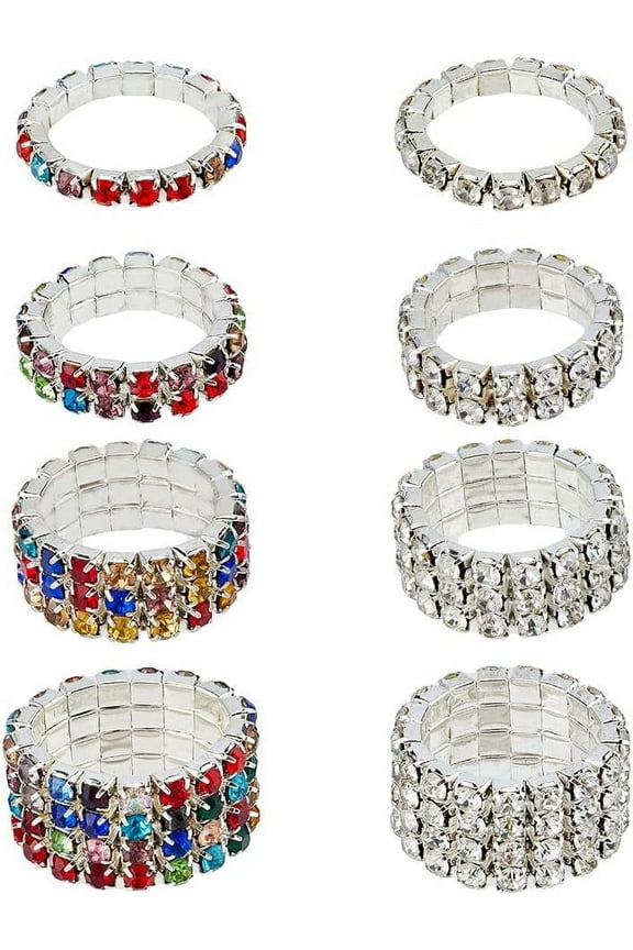 4 Style 8Pcs Rhinestone Stretch Rings Crystals Inlaid Ring Colorful Thumb Pinky Ring Fashion Crystal Stackable Finger Rings Set Diamond Elastic Ring Accessories for Women Jewelry